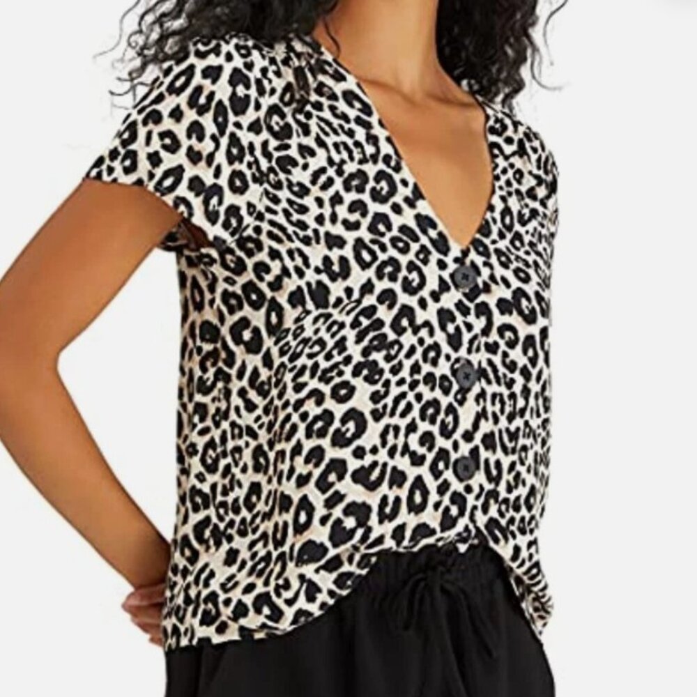 Sanctuary Women's Button Down V-Neck Blouse Classy Cat Leopard Print Medium